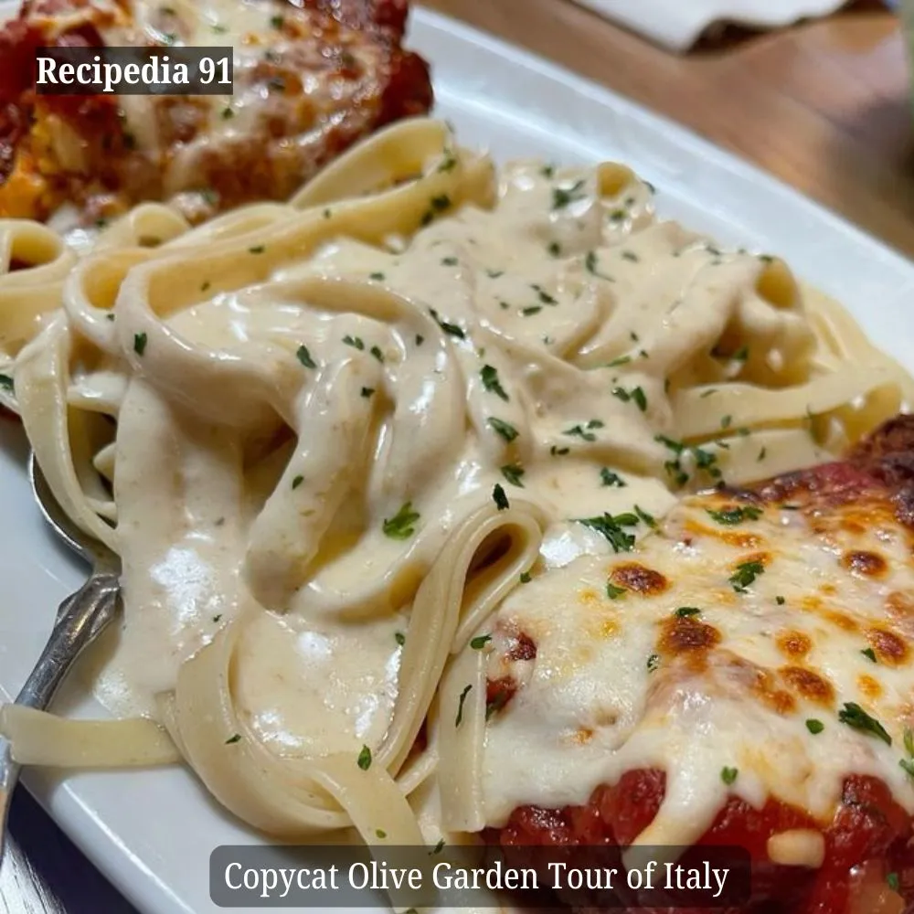 Homemade Copycat Olive Garden Tour of Italy - A closeup image of the finished dish.