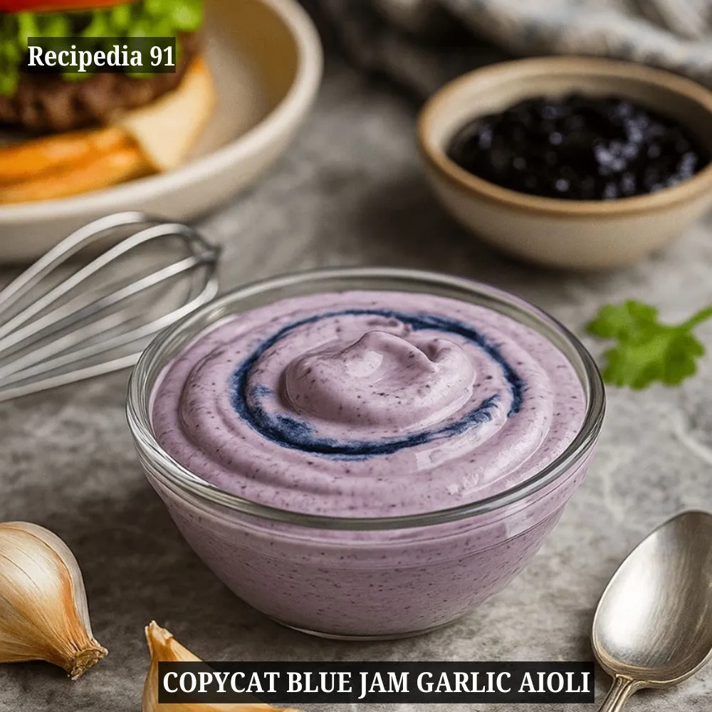 Blue Jam Garlic Aioli Recipe - A finished dish on the kitchen table in a glass bowl.