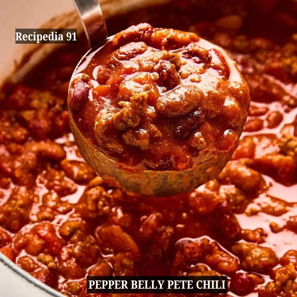 Pepper Belly Pete Chili - A closeup image of the dish on the spoon.