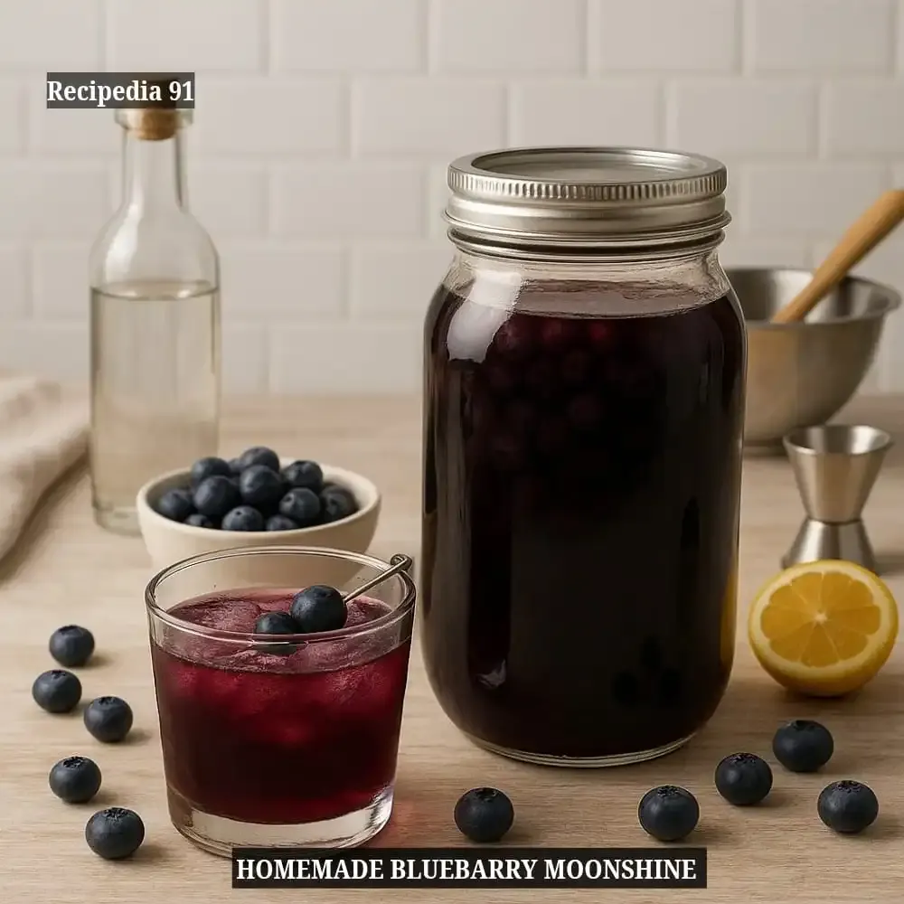 Homemade Blueberry Moonshine - A finished drink on the kitchen table.