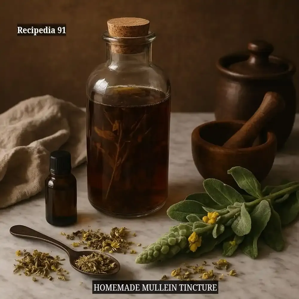 Homemade Mullein Tincture - On the kitchen table.