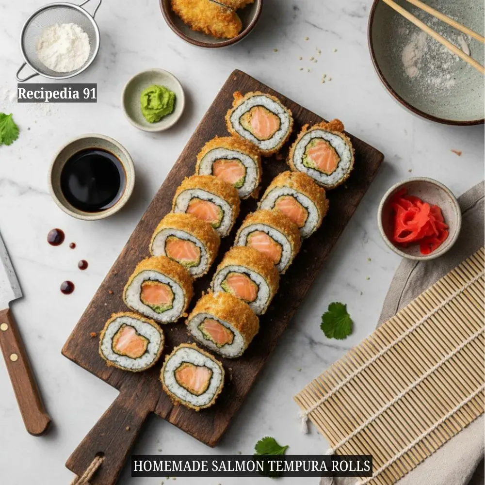 Salmon Tempura Roll - A finished dish on the kitchen table.