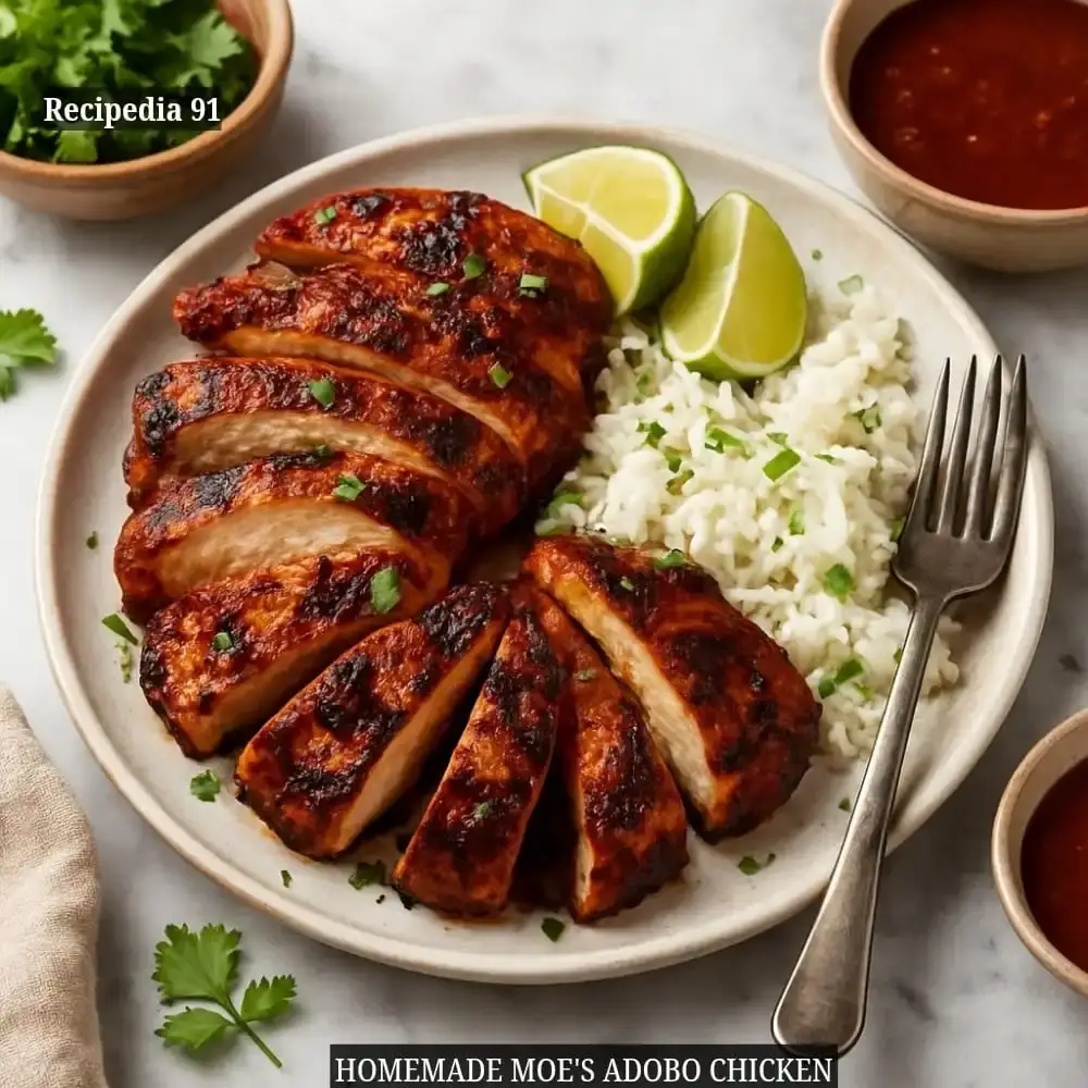 Moe’s Adobo Chicken - A closeup image of the finished dish on my kitchen table.