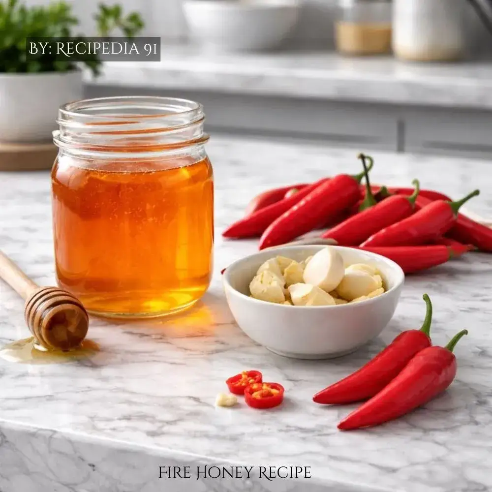 Fire Honey - A perfectly made fire honey recipe on my kitchen table.