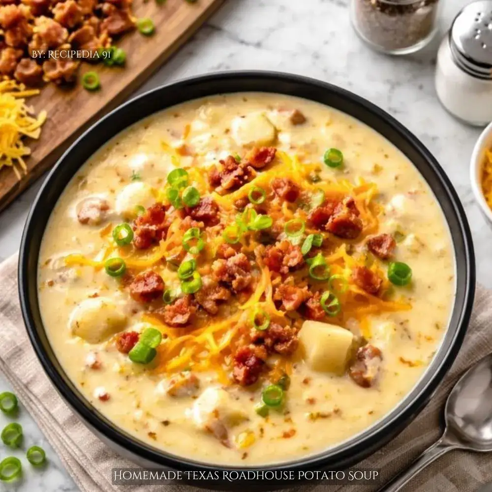 Homemade Texas Roadhouse Potato Soup - A perfectly made soup on my kitchen table.