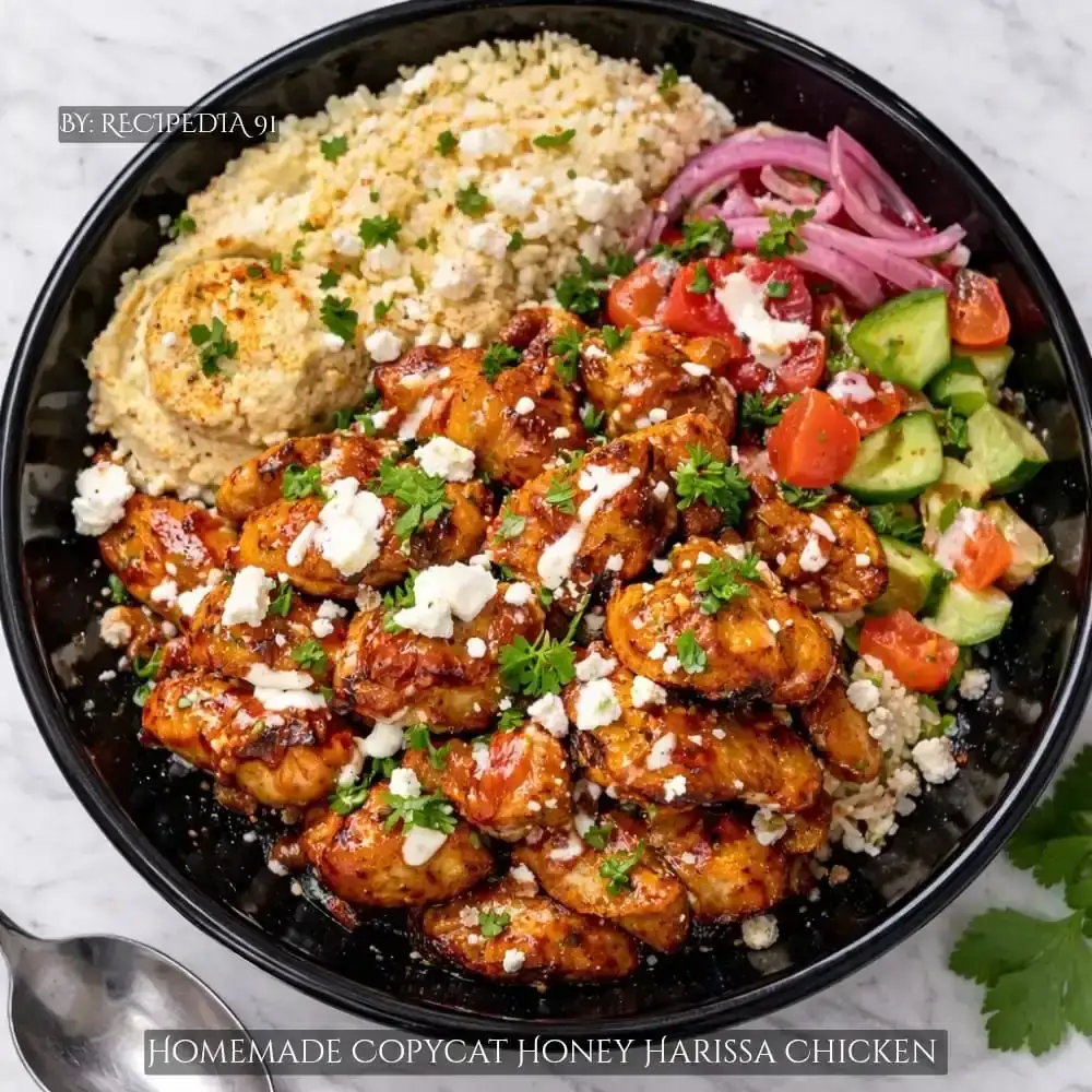 Homemade Honey Harissa Chicken Cava Recipe - A perfectly made dish on the kitchen table, overhead image.