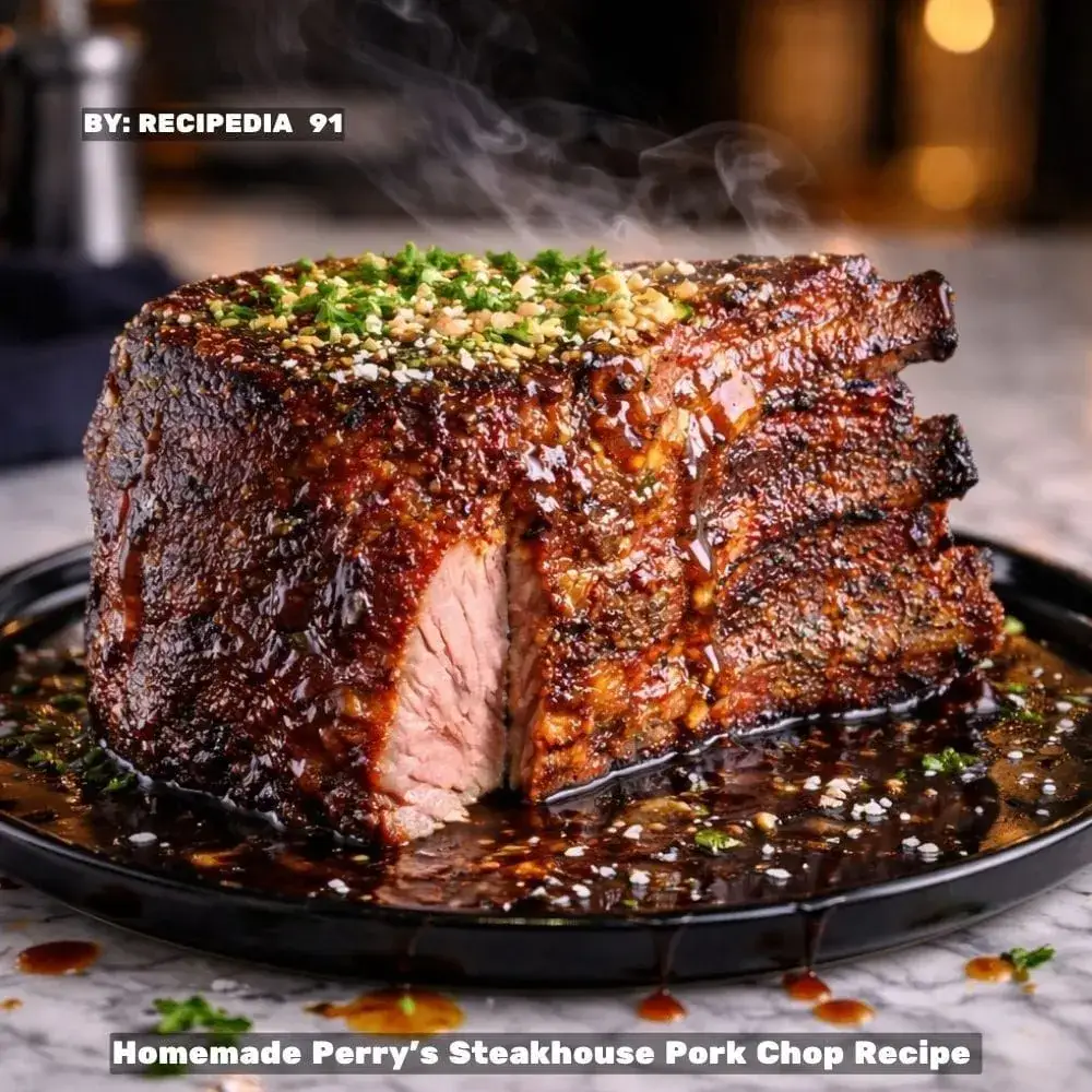 Homemade Perry’s Steakhouse Pork Chop - A perfectly made dish on my kitchen table, Zoomed image.