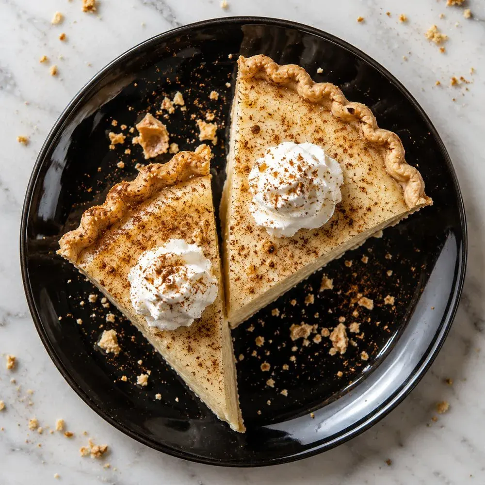 Homemade Wicks Sugar Cream Pie - Perfectly placed pie on the plate, overhead image shot.