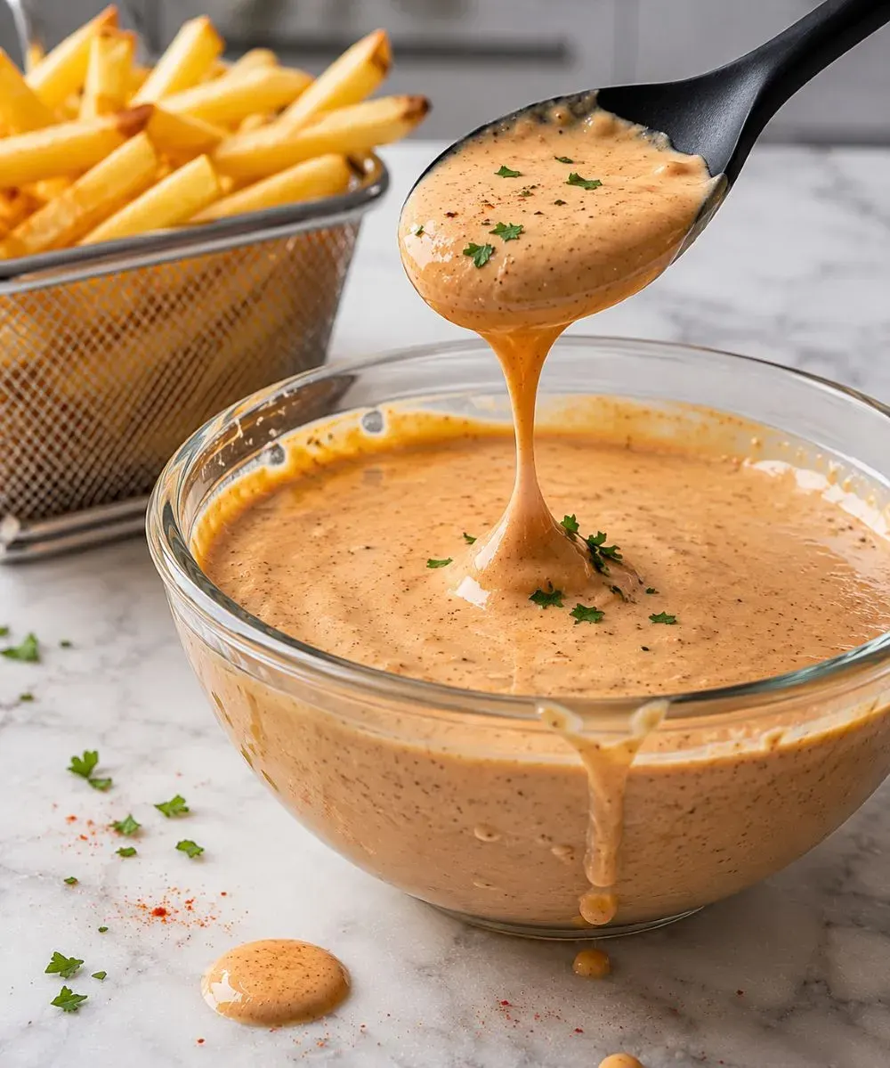 Homemade Braums Sauce - Properly made sauce in a glass bowl on the kitchen table.